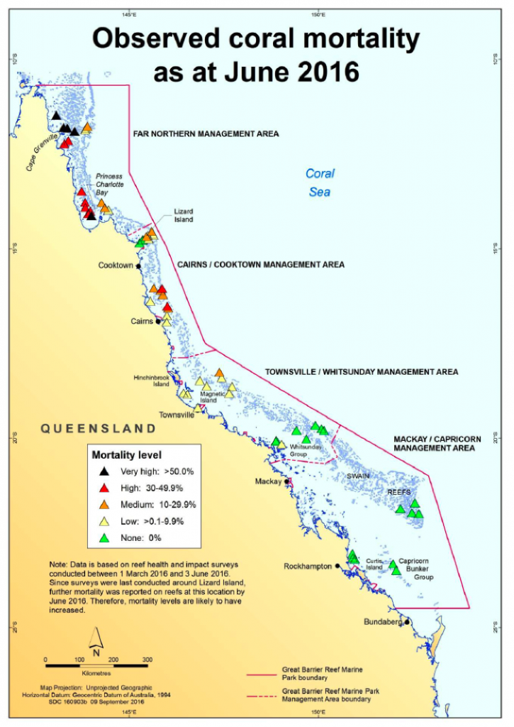 Map showing coral mortality.