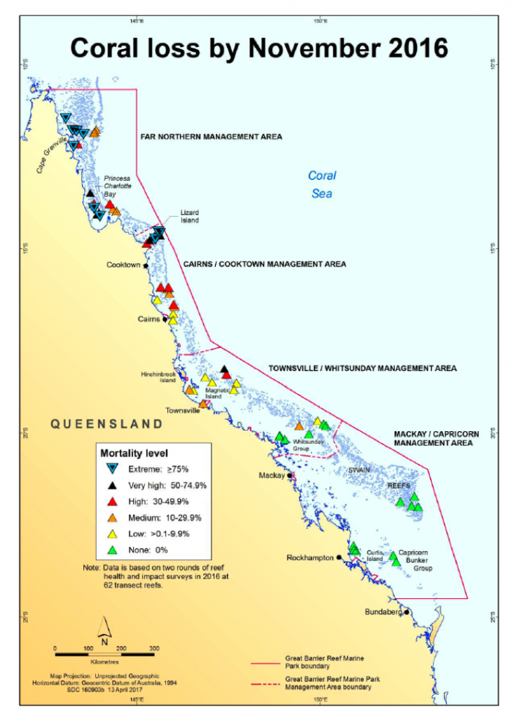 Map showing coral loss by November 2016.