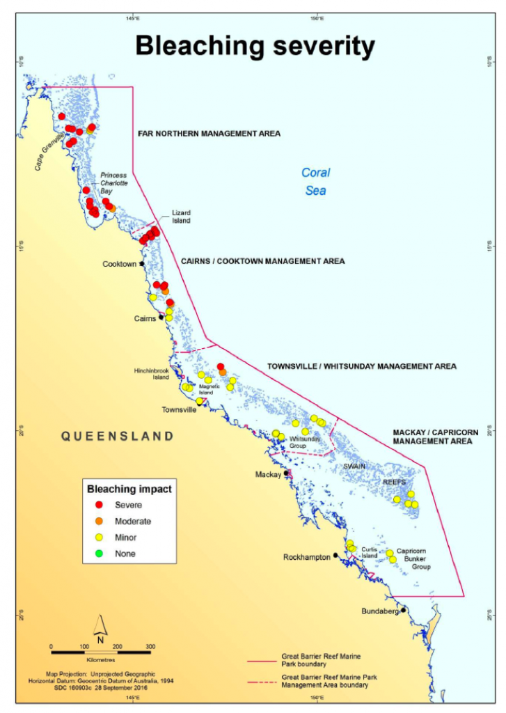 Map showing Great Barrier Reef coral bleaching severity.