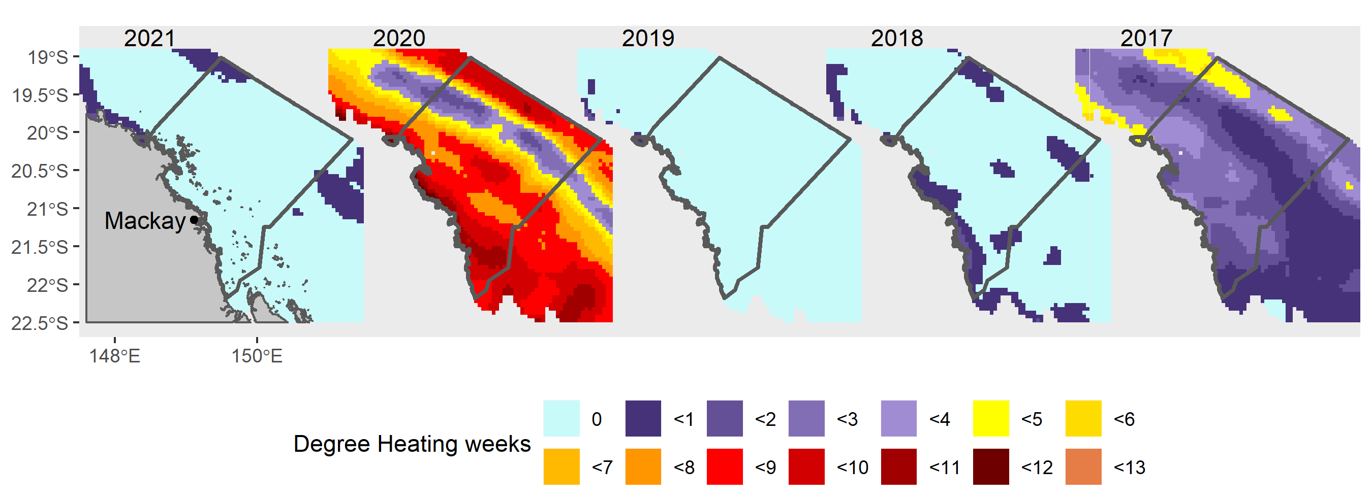 Degree Heating Weeks in the MWI region over a five year period