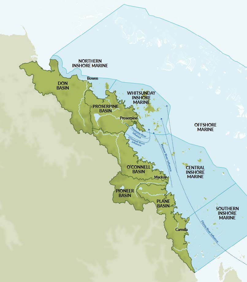 A Map showing the reporting zones of the Mackay Whitsunday Isaac Healthy Rivers to Reef Partnership