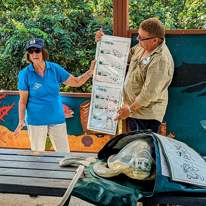 Two people stand holding up an information sheet about turtles.