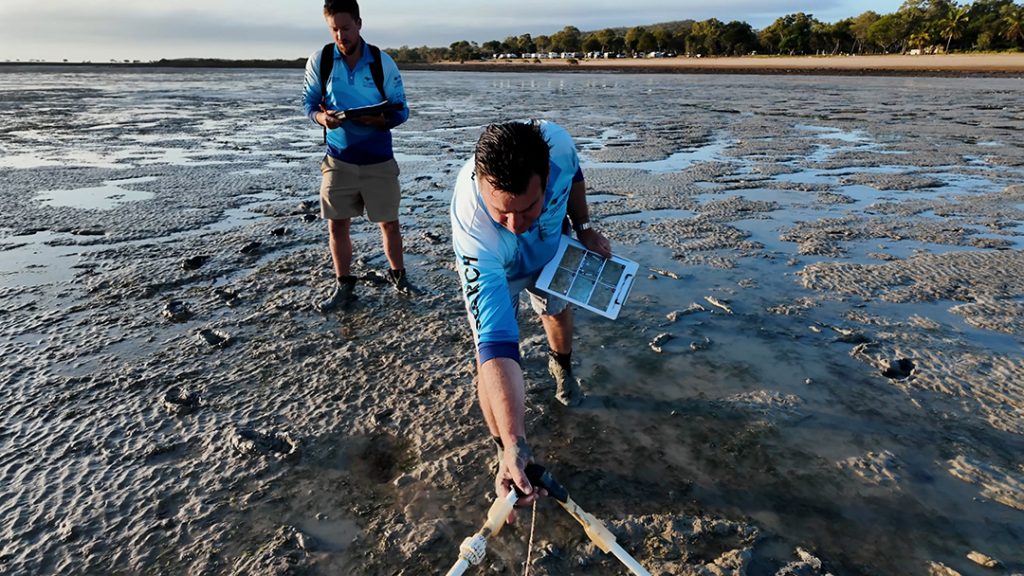 A man throws out a transect onto a section of seagrass, while another person takes notes.
