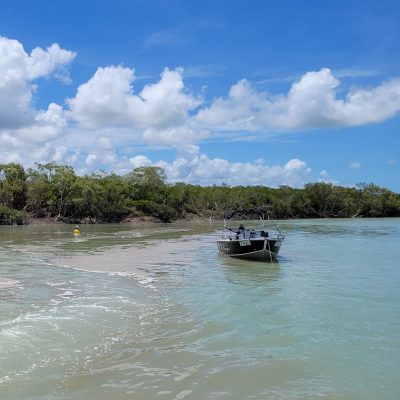 A sampling boat checking the water logger during the Carmila Creek Estuary study. Photo: John McGrath, CQUniversity